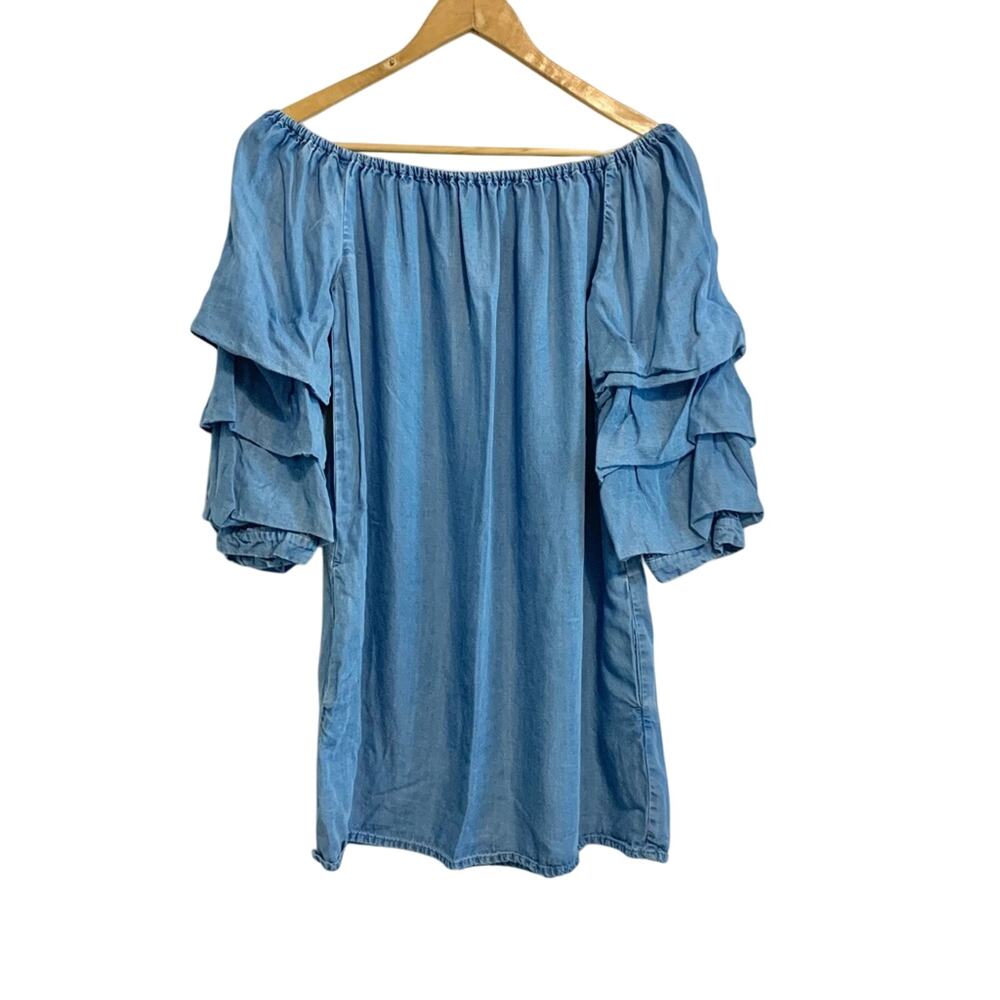Zara Blue Chambray Off Shoulder Ruffle Sleeve Mini Dress